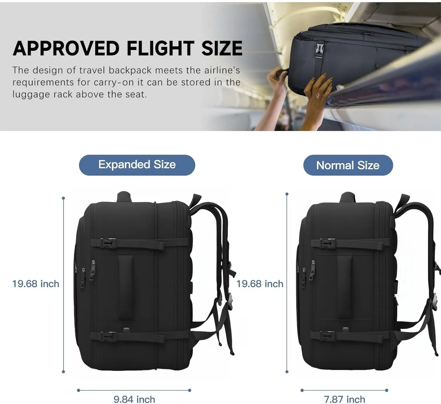 Carry On Backpack, 50L Travel Backpack, Luggage Backpack TSA Flight Approved Laptop Backpack for Men & Women, Large Expandable Backpack 40L Daypack Lightweight Business Weekender Bag, Black
