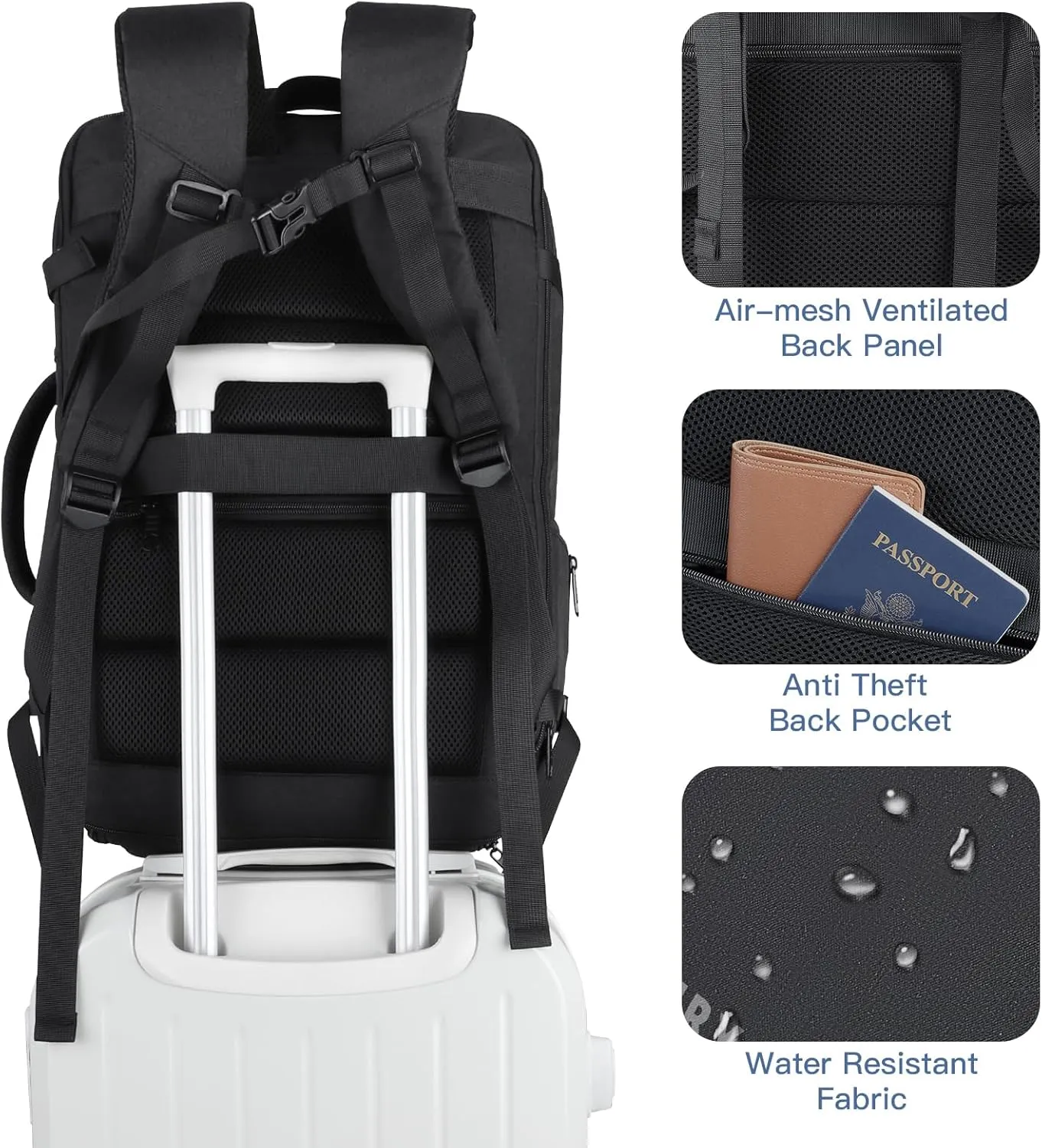 Carry On Backpack, 50L Travel Backpack, Luggage Backpack TSA Flight Approved Laptop Backpack for Men & Women, Large Expandable Backpack 40L Daypack Lightweight Business Weekender Bag, Black