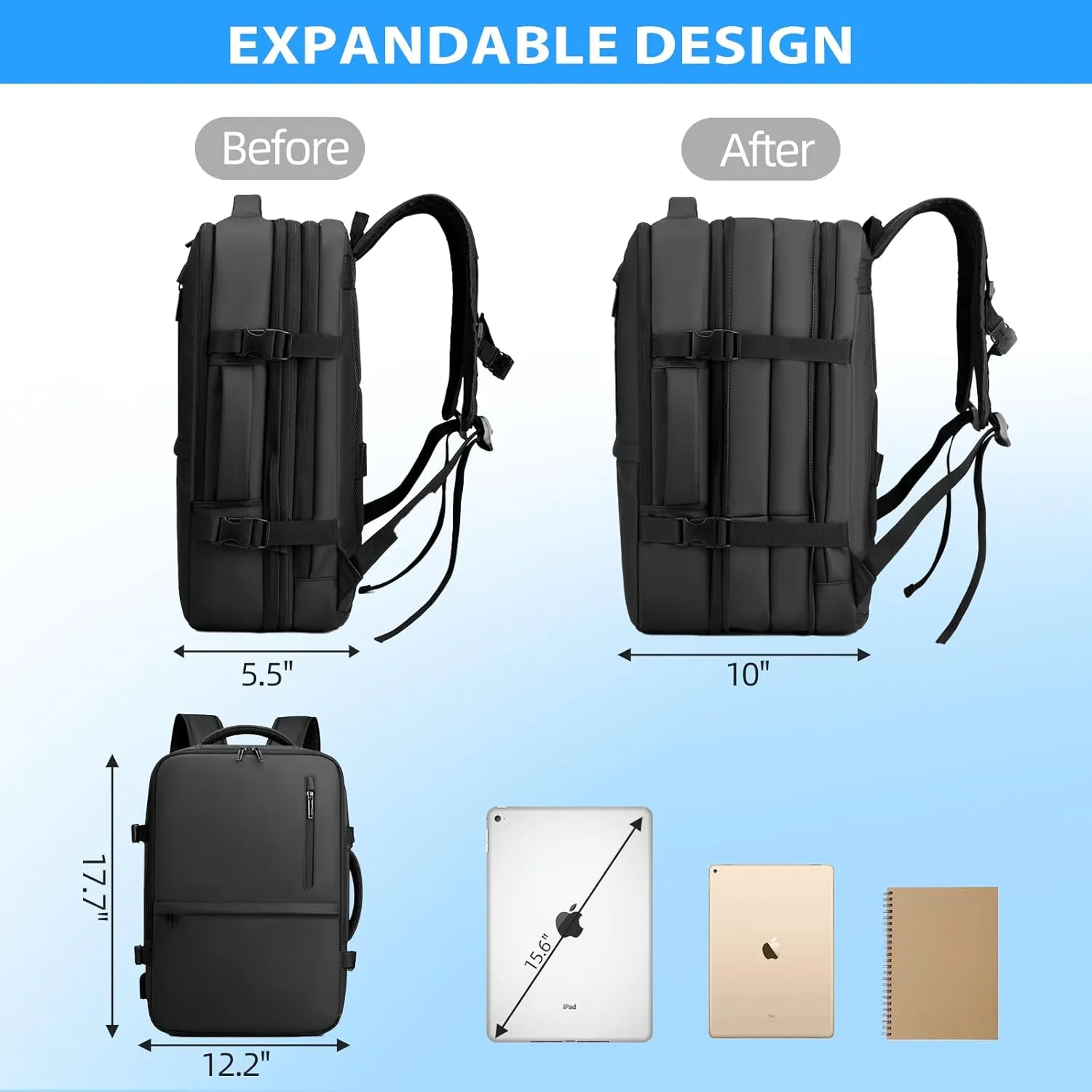 Carry on Travel Backpack for Airplanes, 35L Suitcase Backpack Luggage Business Work Weekender Bag, TSA Laptop Backpack Flight Approved, Expandable Black Travel Backpack for Men Women