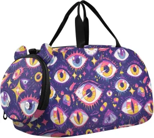 Cartoon Mystery Purple Eyes Gym Duffel Bag with Shoes Compartment Large Capacity Weekend Travel Bag for Beach Swim Bags Pool Sports