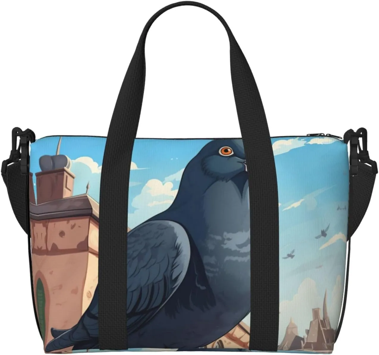 Cartoon Pigeon Print Tote Crossbody Travel Bag with Zip Casual Handbag for Weekend Trips and Gym Shopping, Black, One Size, Travel Tote