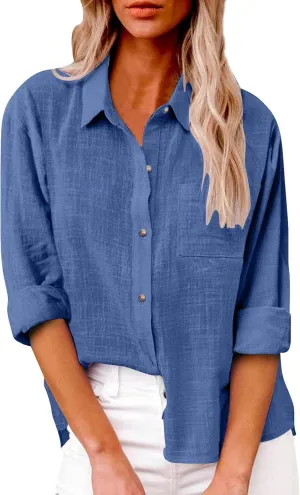 Casual Button Down Shirts for Women Long Sleeve Blouse Loose Fit Lightweight Summer Fall Trending Linen Tops