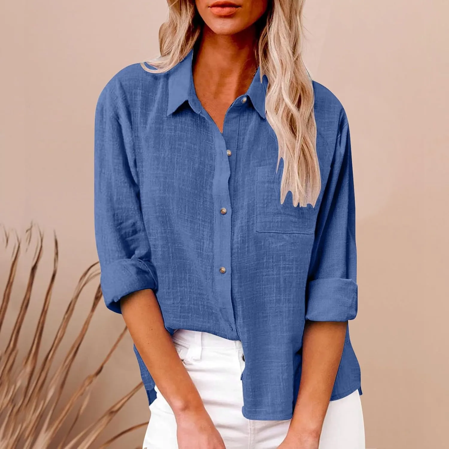 Casual Button Down Shirts for Women Long Sleeve Blouse Loose Fit Lightweight Summer Fall Trending Linen Tops