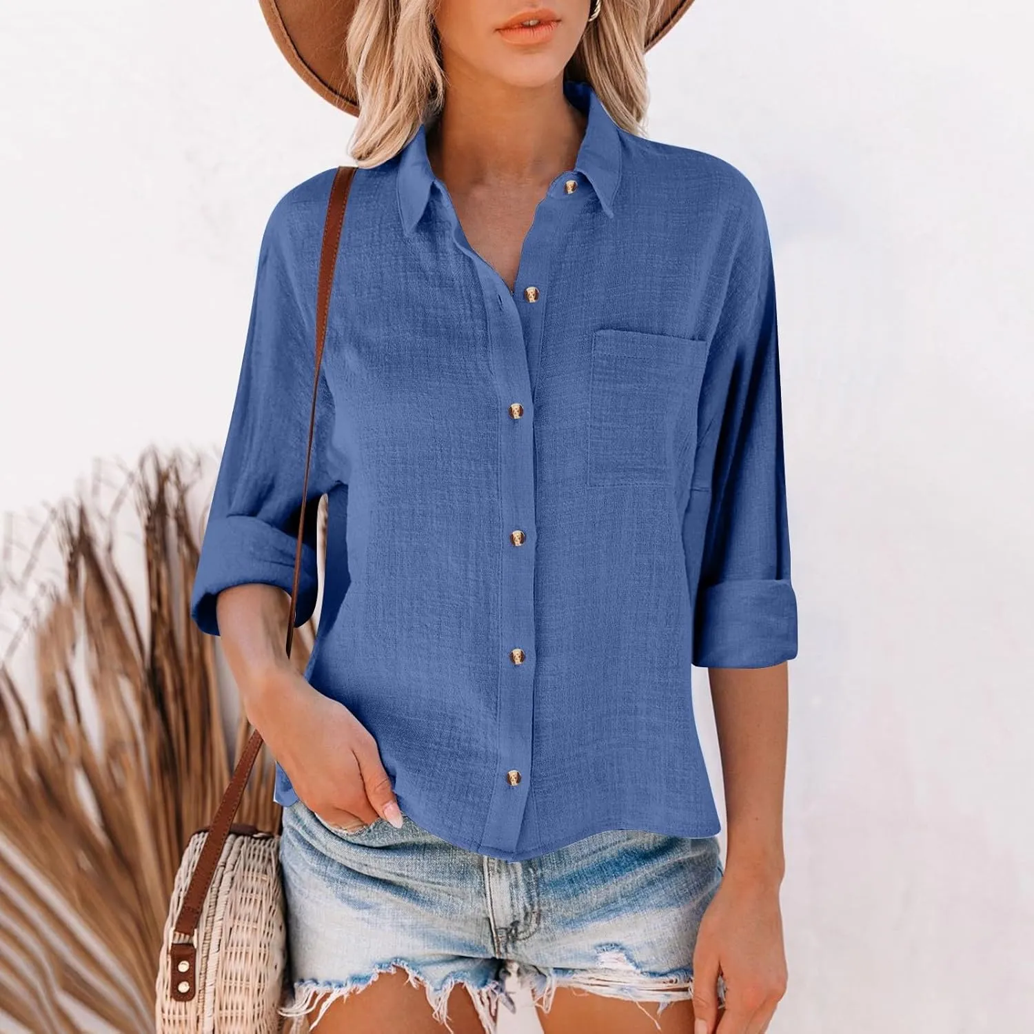 Casual Button Down Shirts for Women Long Sleeve Blouse Loose Fit Lightweight Summer Fall Trending Linen Tops
