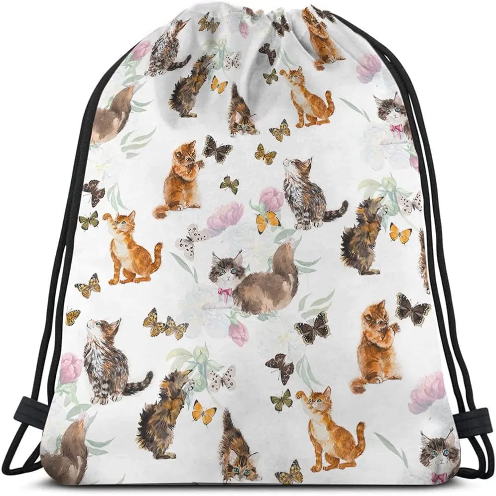 Cats And Butterflies Drawstring Bags Backpack Bag Lovely Animal Cute Little Kitten Floral Peony Hand Painted Sport Gym Sack Drawstring Bag String Bag Yoga Bag for Men Women
