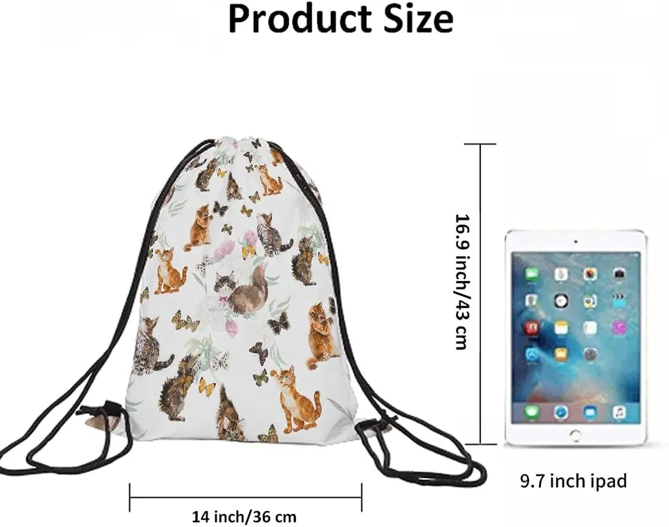 Cats And Butterflies Drawstring Bags Backpack Bag Lovely Animal Cute Little Kitten Floral Peony Hand Painted Sport Gym Sack Drawstring Bag String Bag Yoga Bag for Men Women