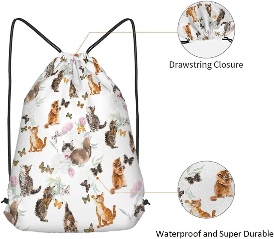 Cats And Butterflies Drawstring Bags Backpack Bag Lovely Animal Cute Little Kitten Floral Peony Hand Painted Sport Gym Sack Drawstring Bag String Bag Yoga Bag for Men Women