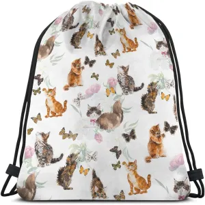 Cats And Butterflies Drawstring Bags Backpack Bag Lovely Animal Cute Little Kitten Floral Peony Hand Painted Sport Gym Sack Drawstring Bag String Bag Yoga Bag for Men Women