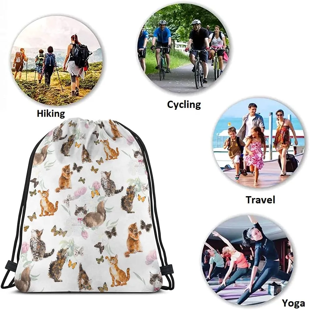 Cats And Butterflies Drawstring Bags Backpack Bag Lovely Animal Cute Little Kitten Floral Peony Hand Painted Sport Gym Sack Drawstring Bag String Bag Yoga Bag for Men Women
