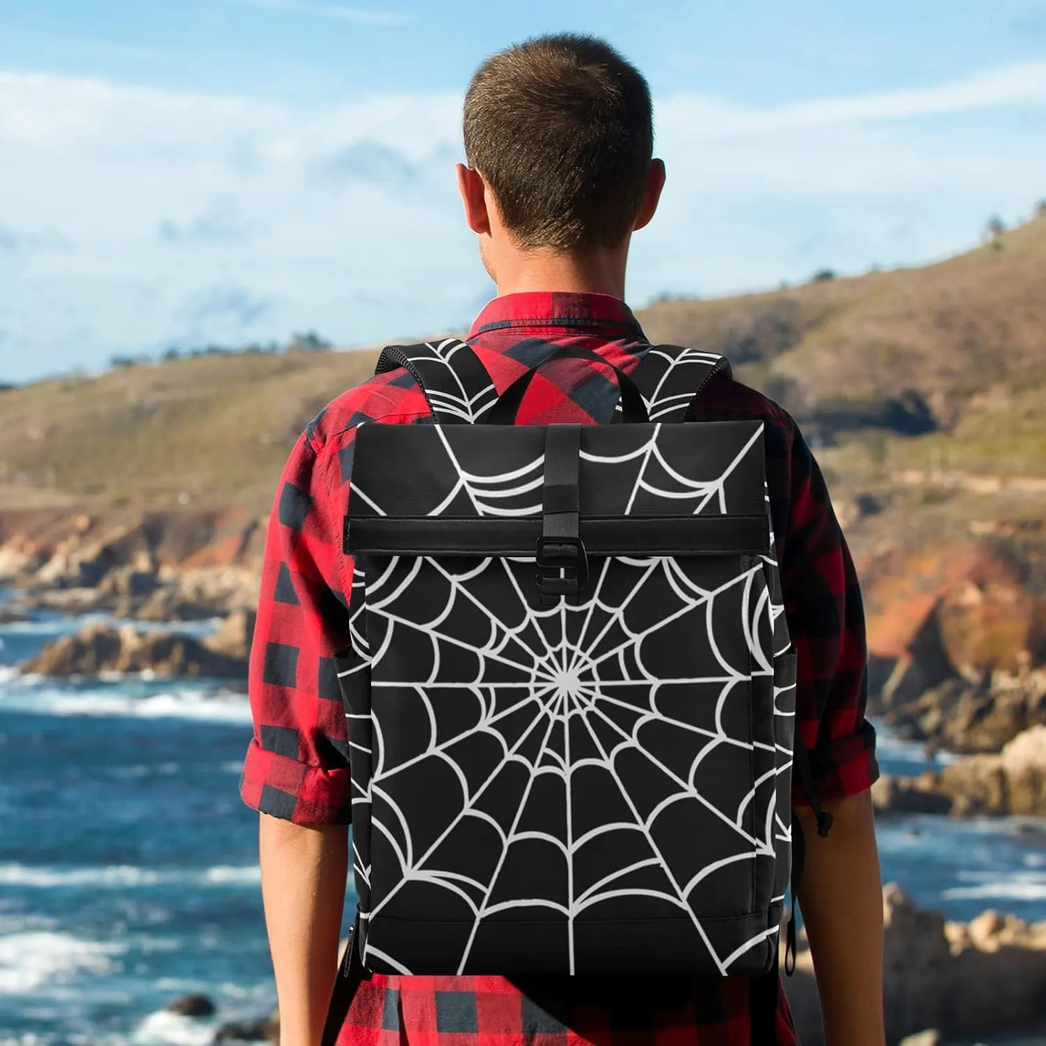 CBBYY Goth Spider Web Travel Roll Top Backpack for Men, Expandable Waterproof Trendy Laptop Backpack