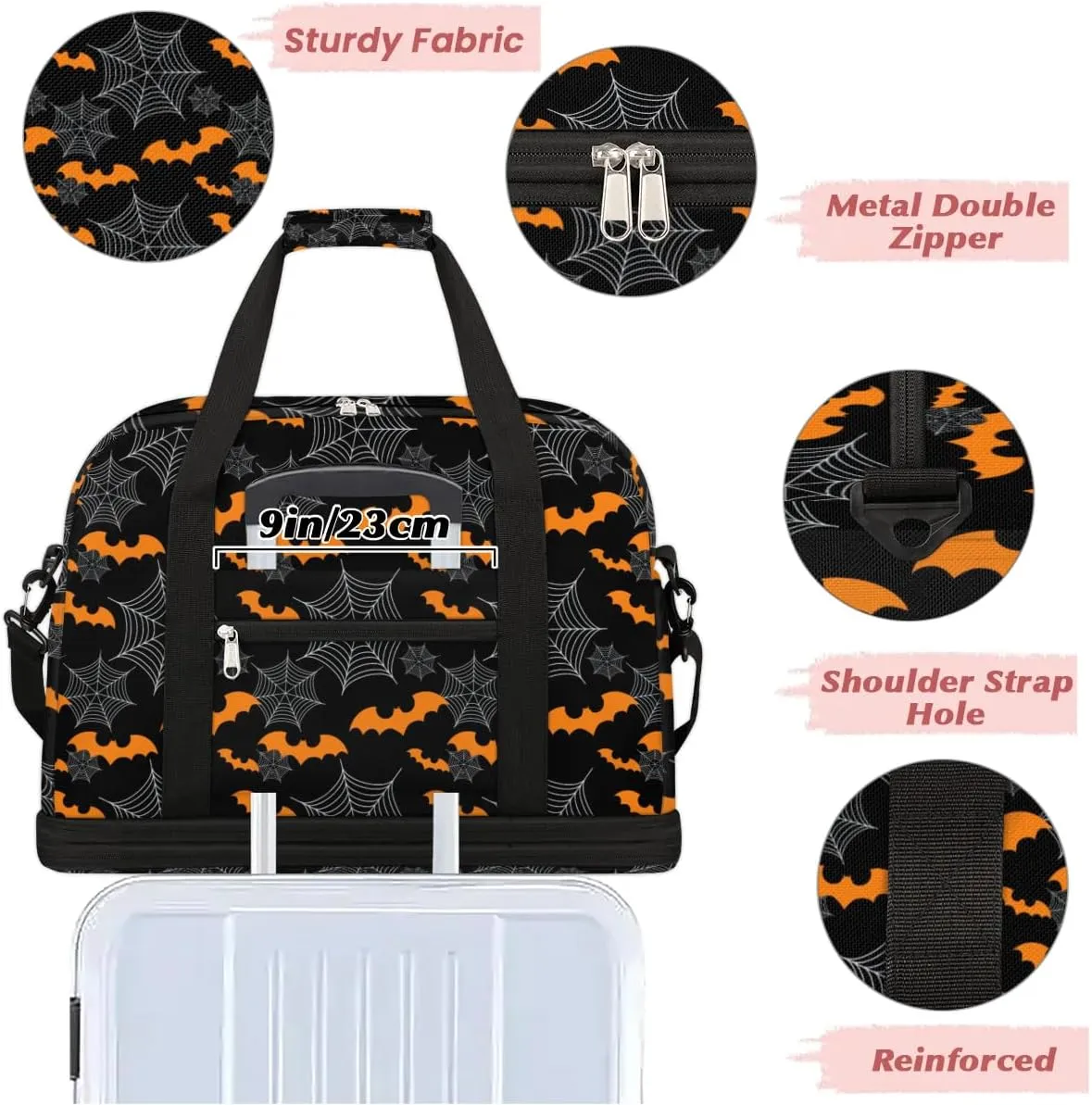 cfpolar Woman Travel Duffel Bag Halloween Bat Spider Web Foldable Tote Carry On Luggage Sports Gym Bag With Shoe Compartment Overnight Weekend Yoga Workout Bag Training Handbag