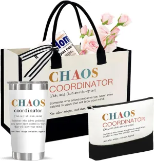 Chaos Coordinator Gift Set for Women – Tote Bag, Makeup Bag & 20oz Stainless Steel Tumbler – Funny & Practical Gift for Administrative Professionals, Coordinators, Office Workers, Coworkers, Boss