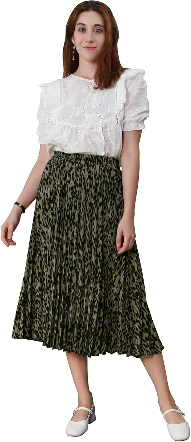 CHARTOU Womens Chic Elastic High Waisted A Line Leopard Print Pleated Shirring Midi-Long Skirt