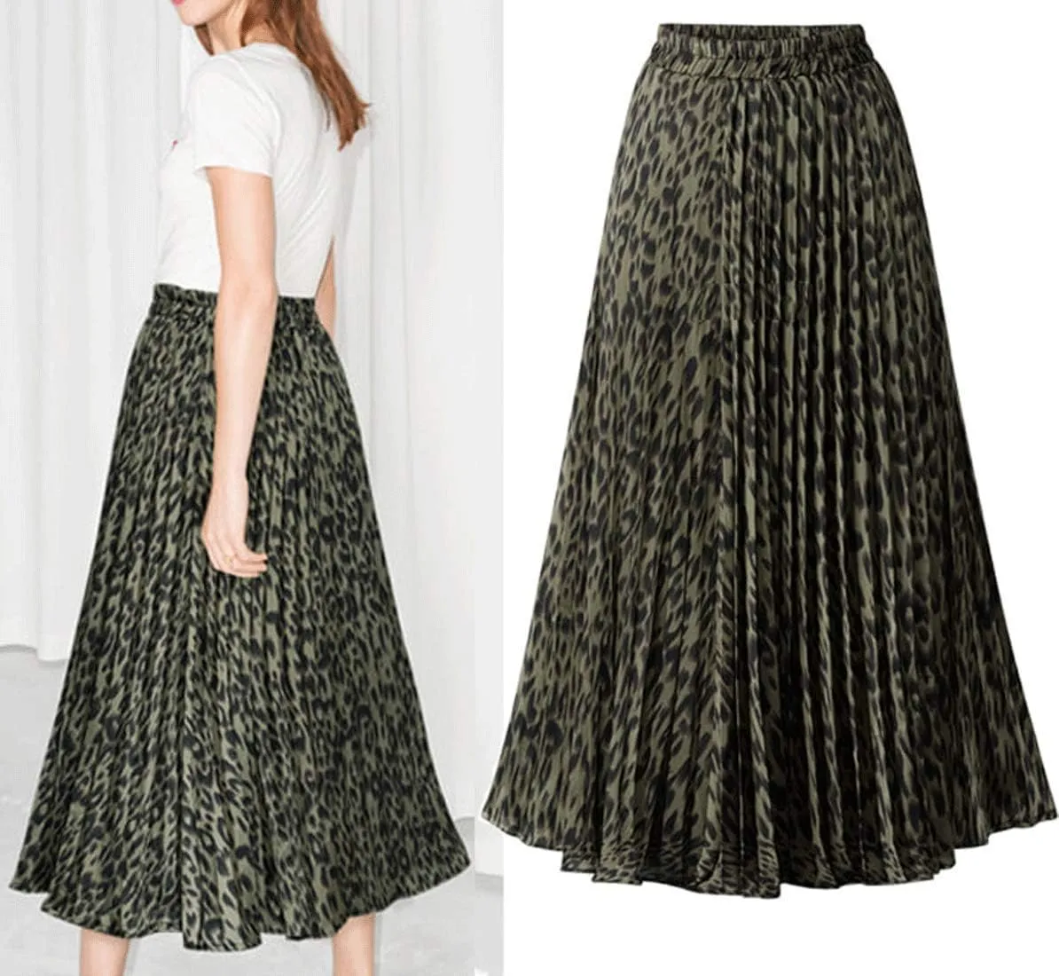 CHARTOU Womens Chic Elastic High Waisted A Line Leopard Print Pleated Shirring Midi-Long Skirt