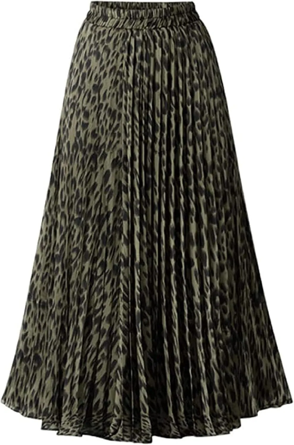 CHARTOU Womens Chic Elastic High Waisted A Line Leopard Print Pleated Shirring Midi-Long Skirt