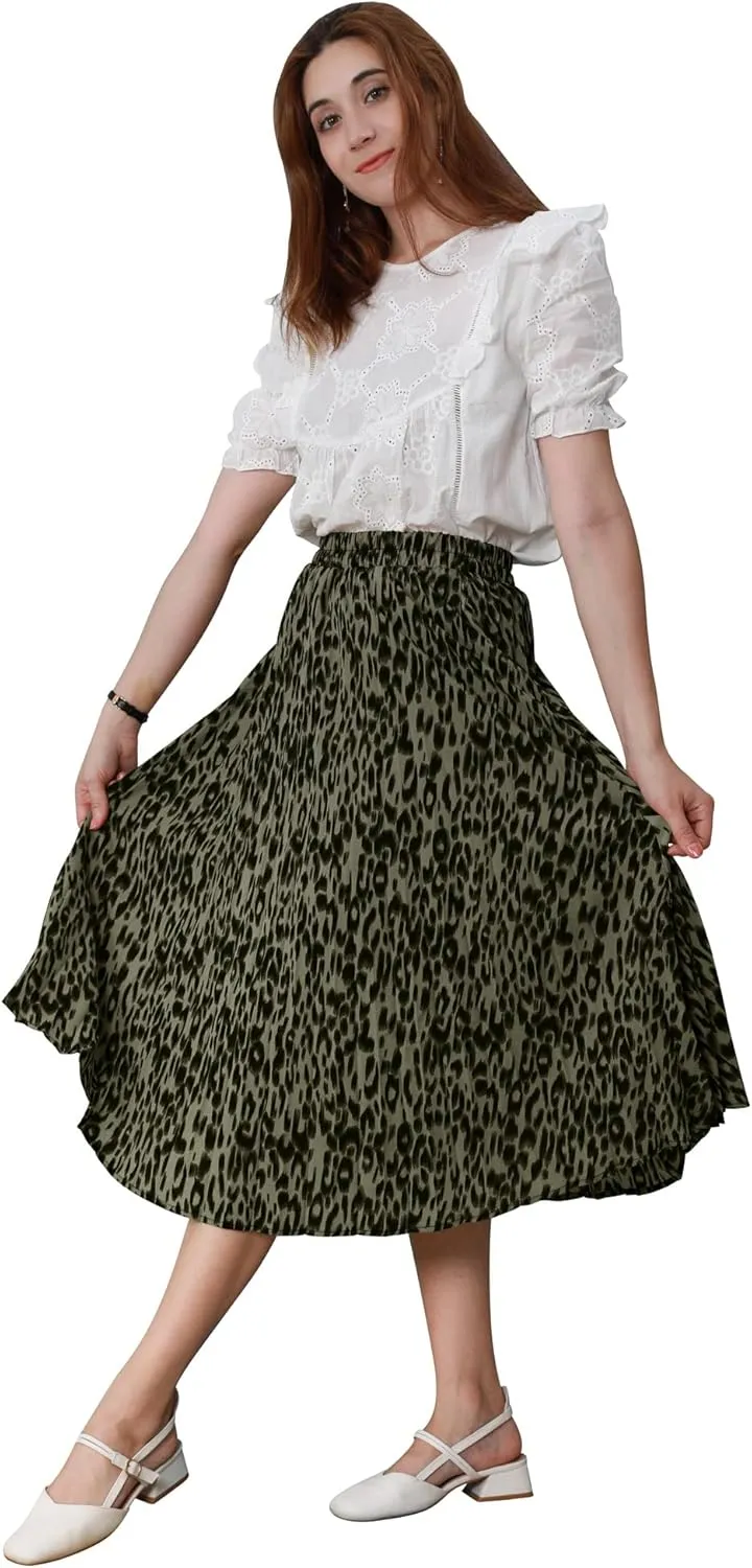 CHARTOU Womens Chic Elastic High Waisted A Line Leopard Print Pleated Shirring Midi-Long Skirt