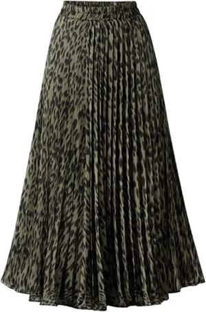 CHARTOU Womens Chic Elastic High Waisted A Line Leopard Print Pleated Shirring Midi-Long Skirt