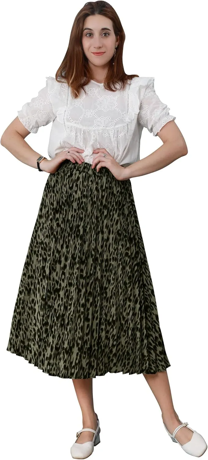 CHARTOU Womens Chic Elastic High Waisted A Line Leopard Print Pleated Shirring Midi-Long Skirt