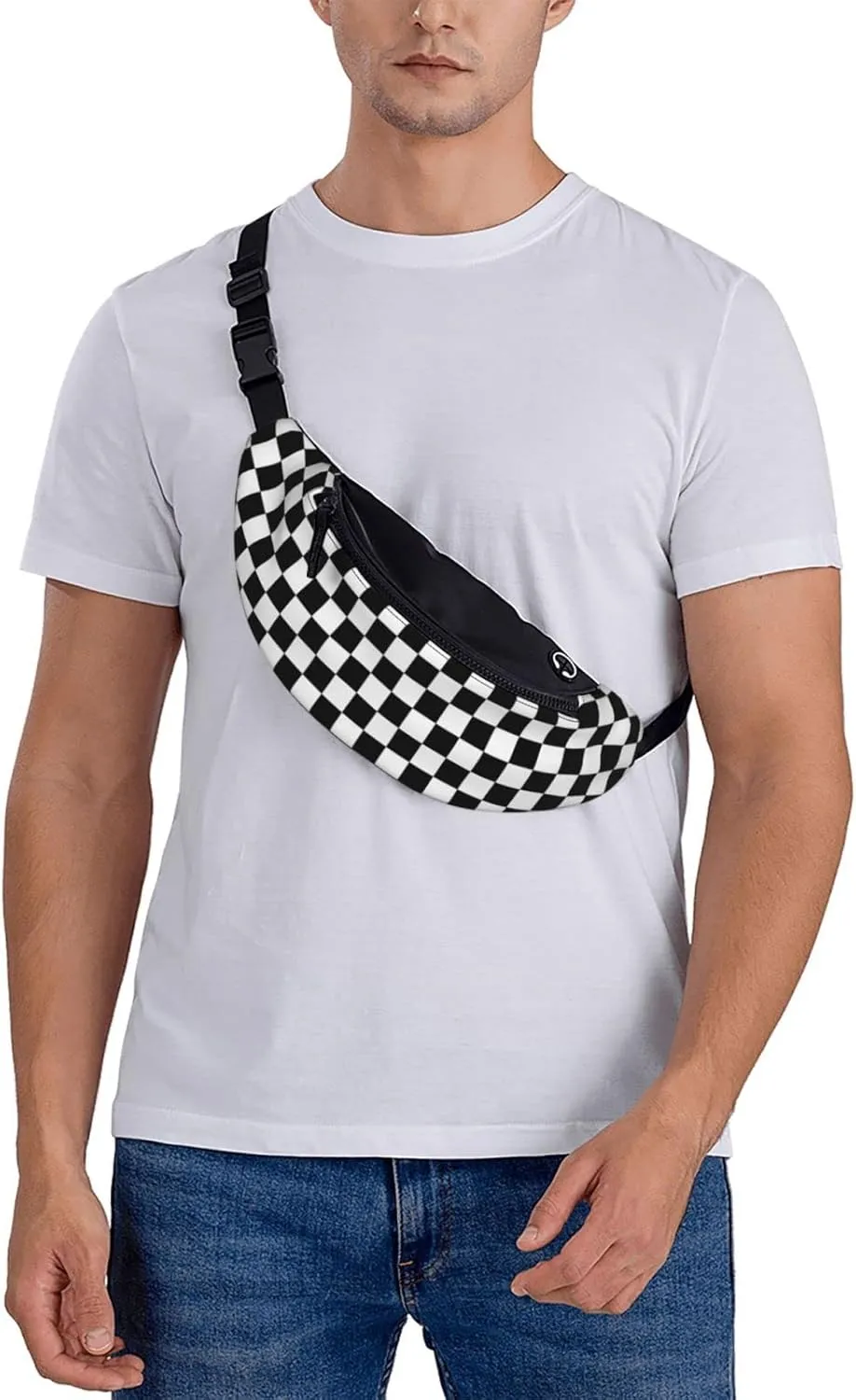 Checkerboard Fanny Pack Waist Bag Adjustable Black and White Belt Bag For Men Women Traveling Hiking Cycling Running