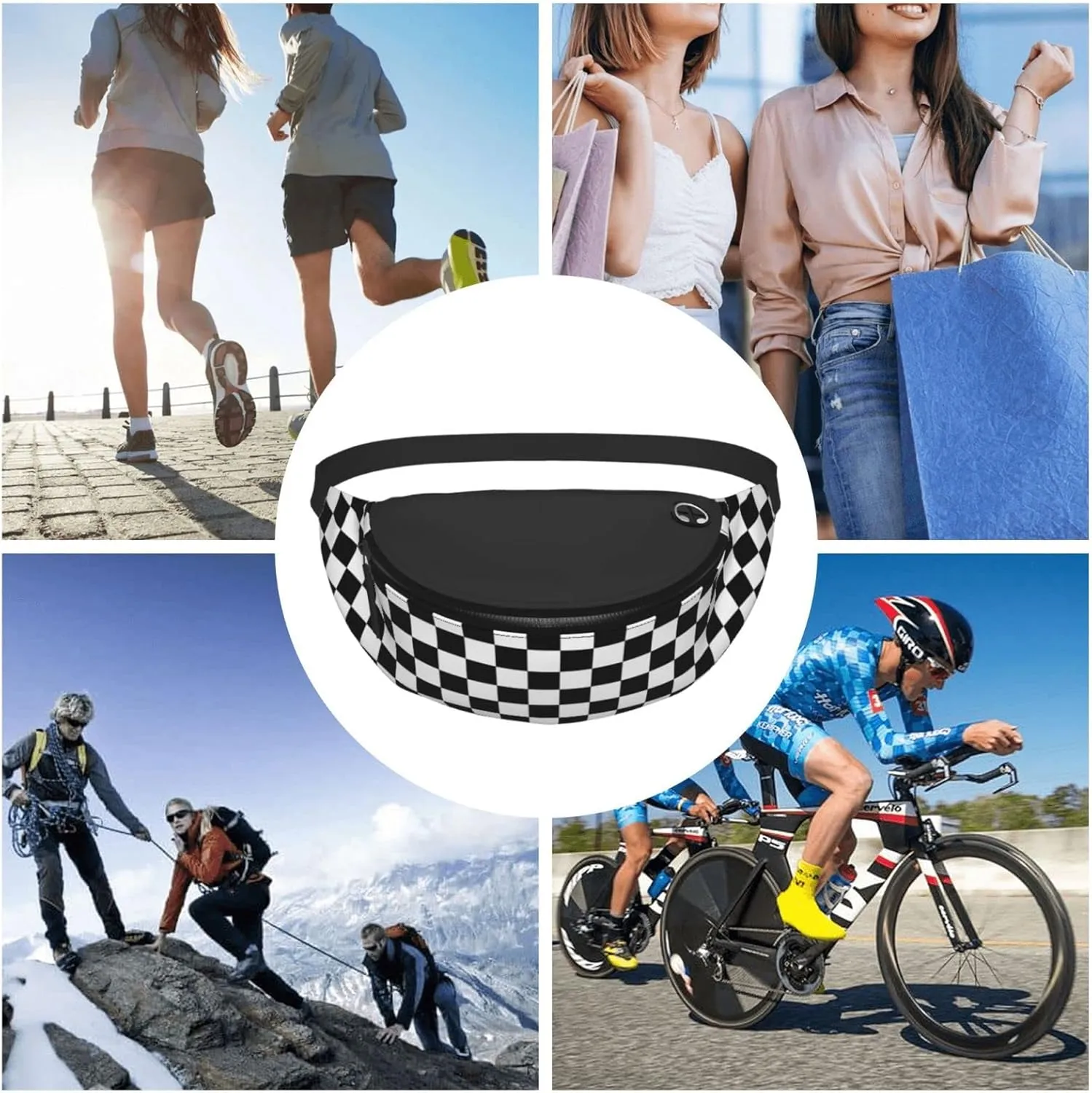 Checkerboard Fanny Pack Waist Bag Adjustable Black and White Belt Bag For Men Women Traveling Hiking Cycling Running