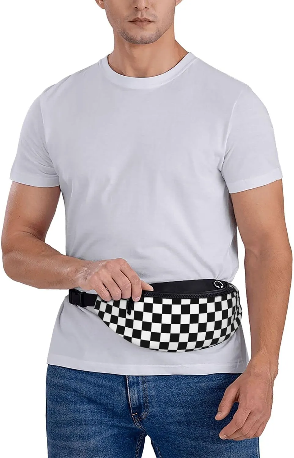 Checkerboard Fanny Pack Waist Bag Adjustable Black and White Belt Bag For Men Women Traveling Hiking Cycling Running