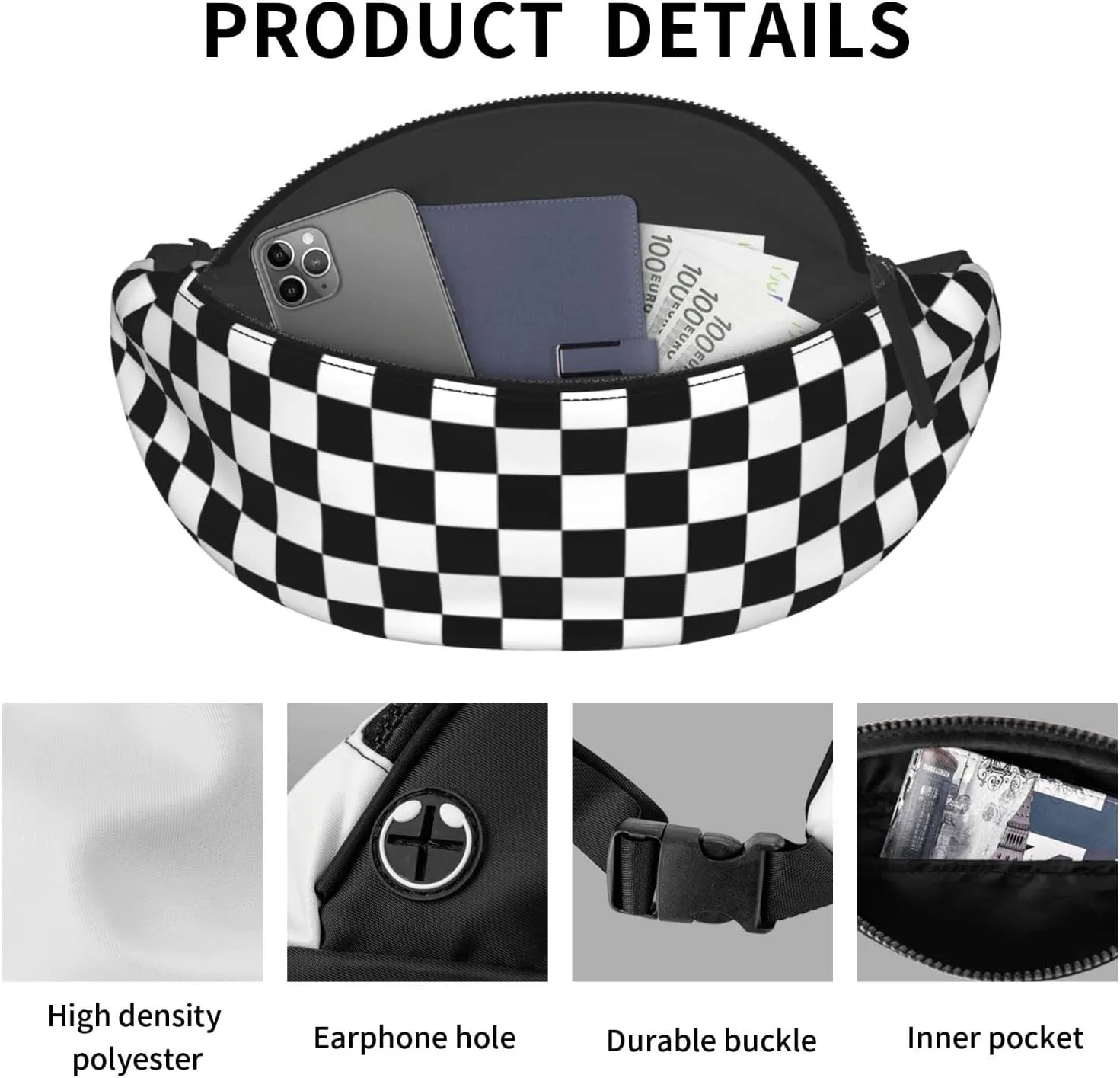 Checkerboard Fanny Pack Waist Bag Adjustable Black and White Belt Bag For Men Women Traveling Hiking Cycling Running