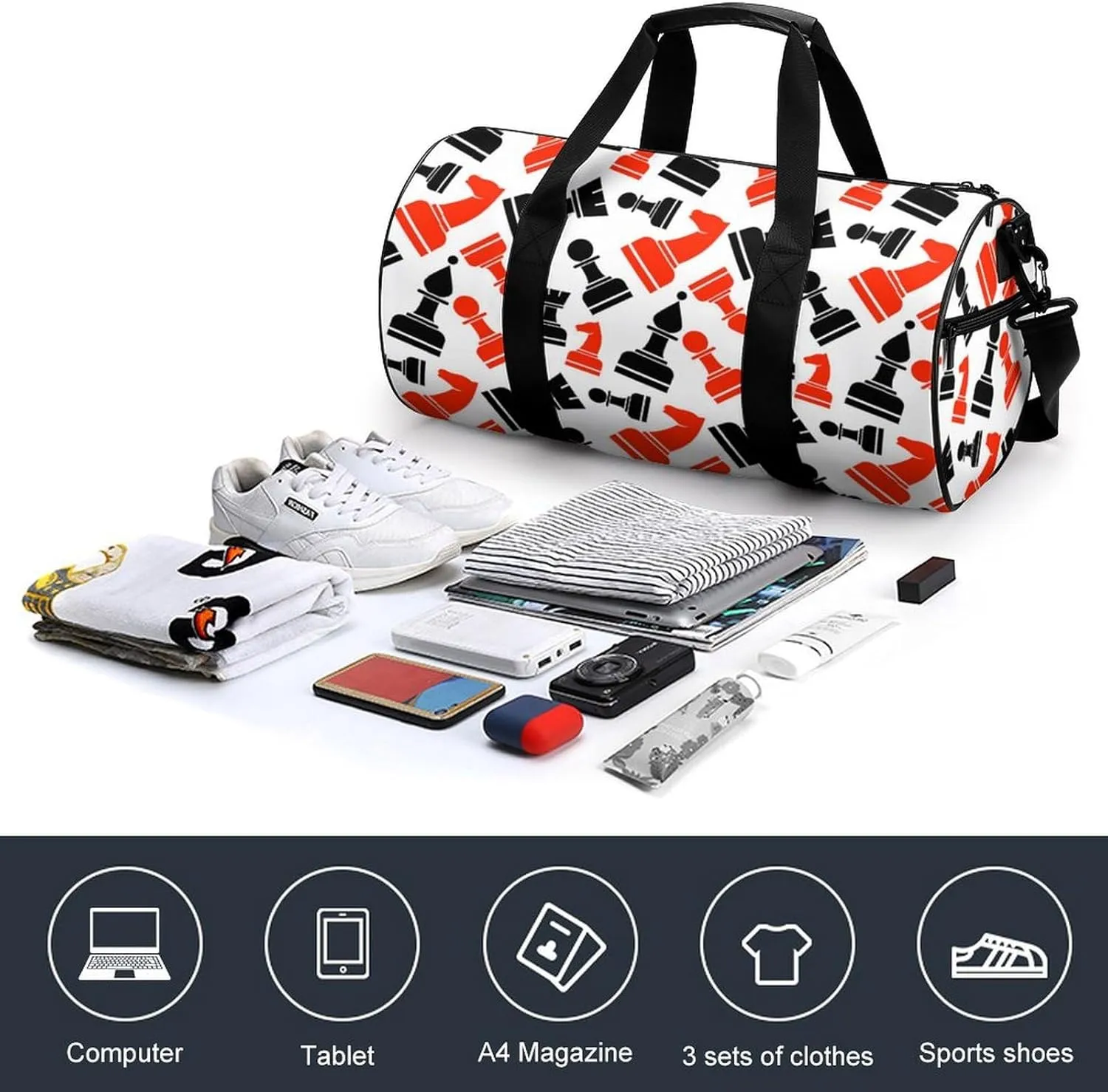 Chess Pattern Duffelbag Utility Bag Cylindrical Duffelbags Picnic Bags Gym Satchel Durable Handbag Overnighter Duffles 17.7in/9in/9in