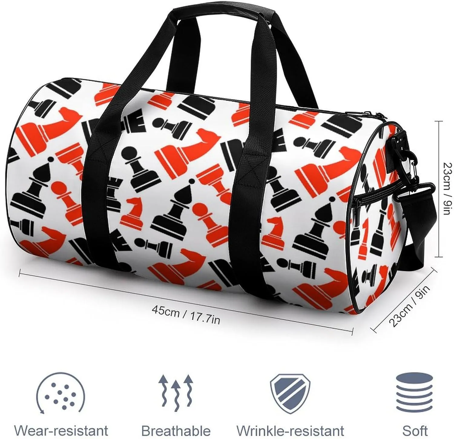 Chess Pattern Duffelbag Utility Bag Cylindrical Duffelbags Picnic Bags Gym Satchel Durable Handbag Overnighter Duffles 17.7in/9in/9in