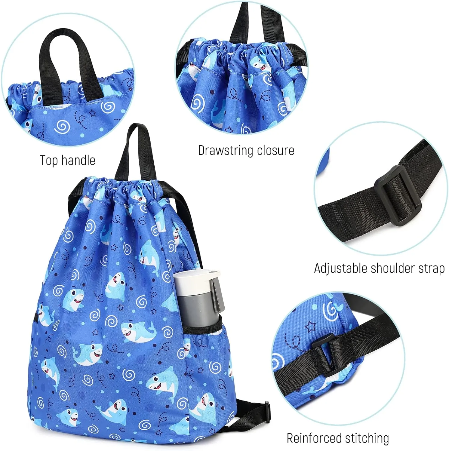 Children Boy Girl Ocean Shark Print Drawstring Backpack Outdoor Casaul Portable Shoulder Bag Swim Gymsack Sack Pack Dark Blue
