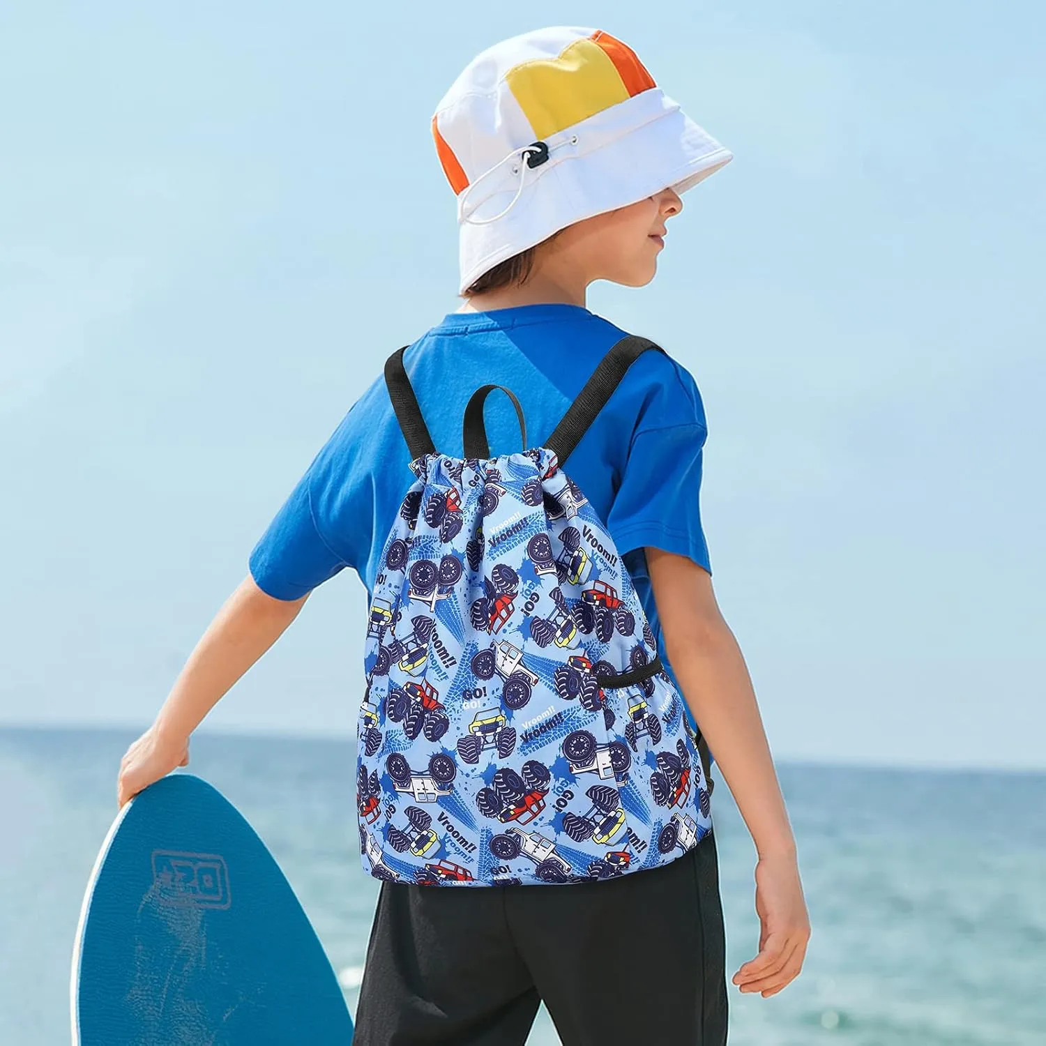 Children Boy Girl Ocean Shark Print Drawstring Backpack Outdoor Casaul Portable Shoulder Bag Swim Gymsack Sack Pack Dark Blue