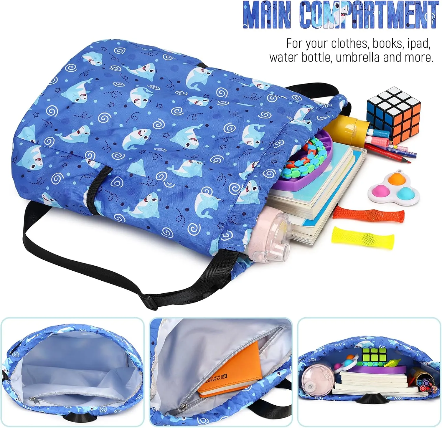 Children Boy Girl Ocean Shark Print Drawstring Backpack Outdoor Casaul Portable Shoulder Bag Swim Gymsack Sack Pack Dark Blue