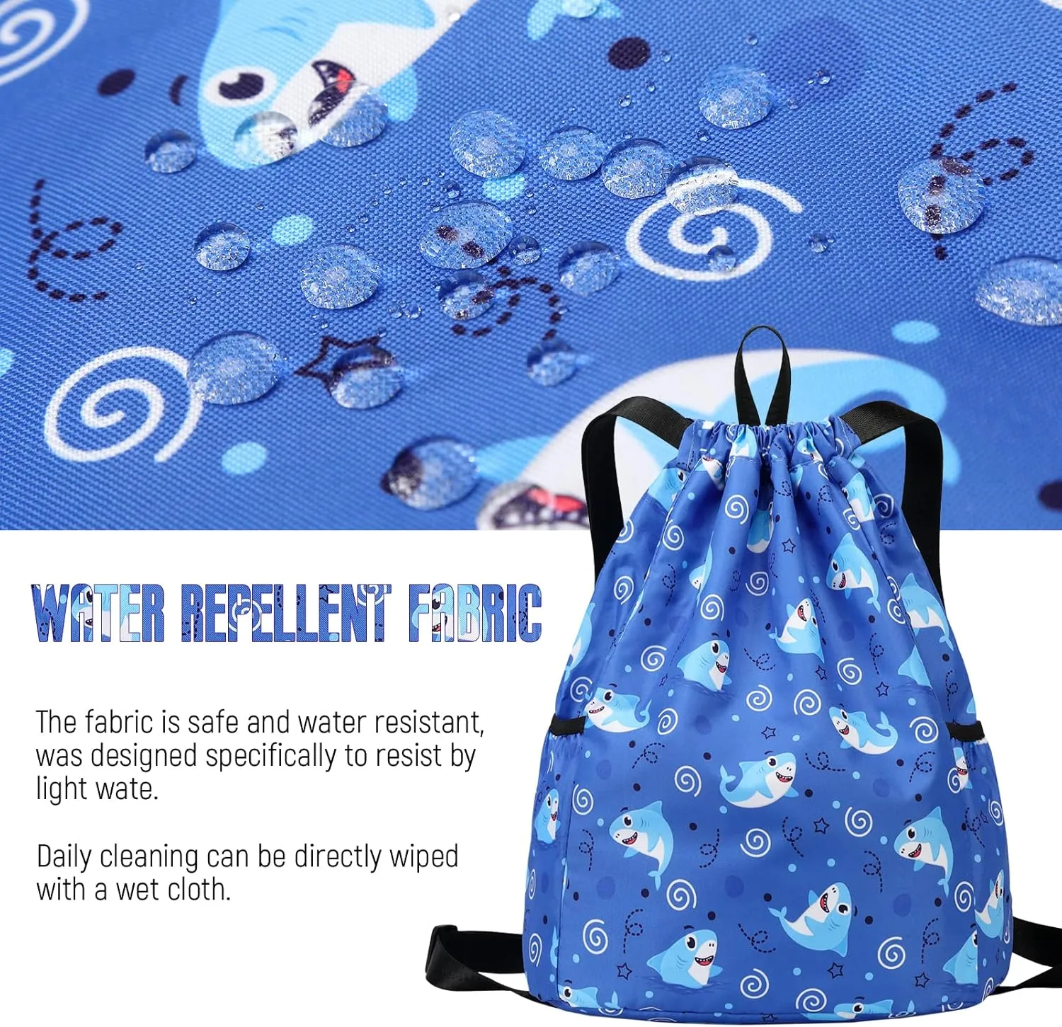 Children Boy Girl Ocean Shark Print Drawstring Backpack Outdoor Casaul Portable Shoulder Bag Swim Gymsack Sack Pack Dark Blue