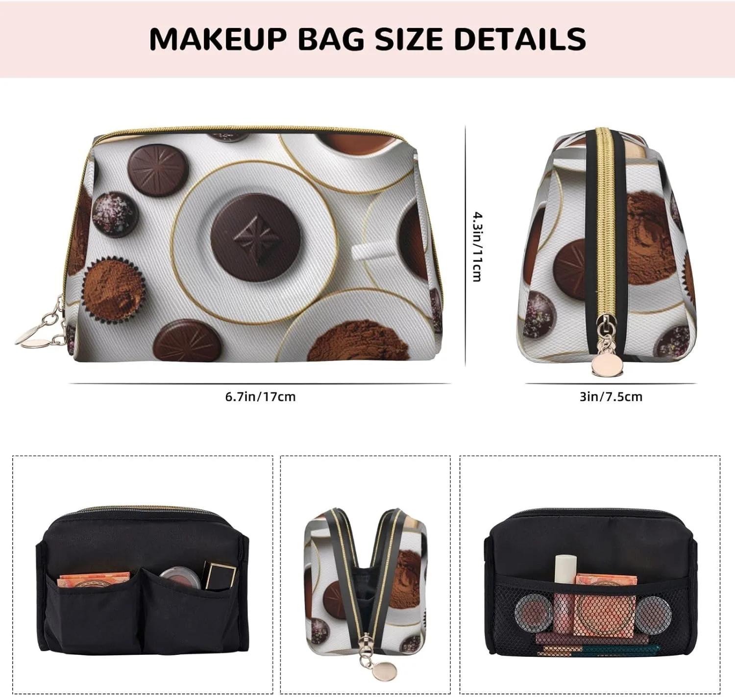 Chocolate Printed Small Makeup Bag,Travel Cosmetic Bag Purse with Zipper,Water-resistant Makeup Organizer Bag for Women
