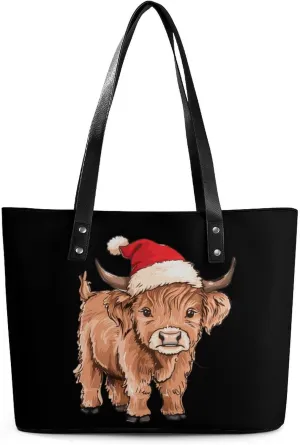 Christmas Cow Women's Tote Shoulder Bag Handbag Top Handle Leather 29 * 34 * 14cm