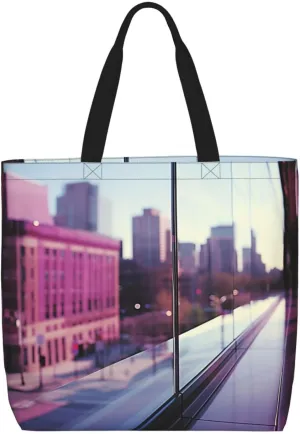 City Night Balcony Skyscrapers print Large capacity zipper shoulder convenience bag tote bag Gift travel shopping bag