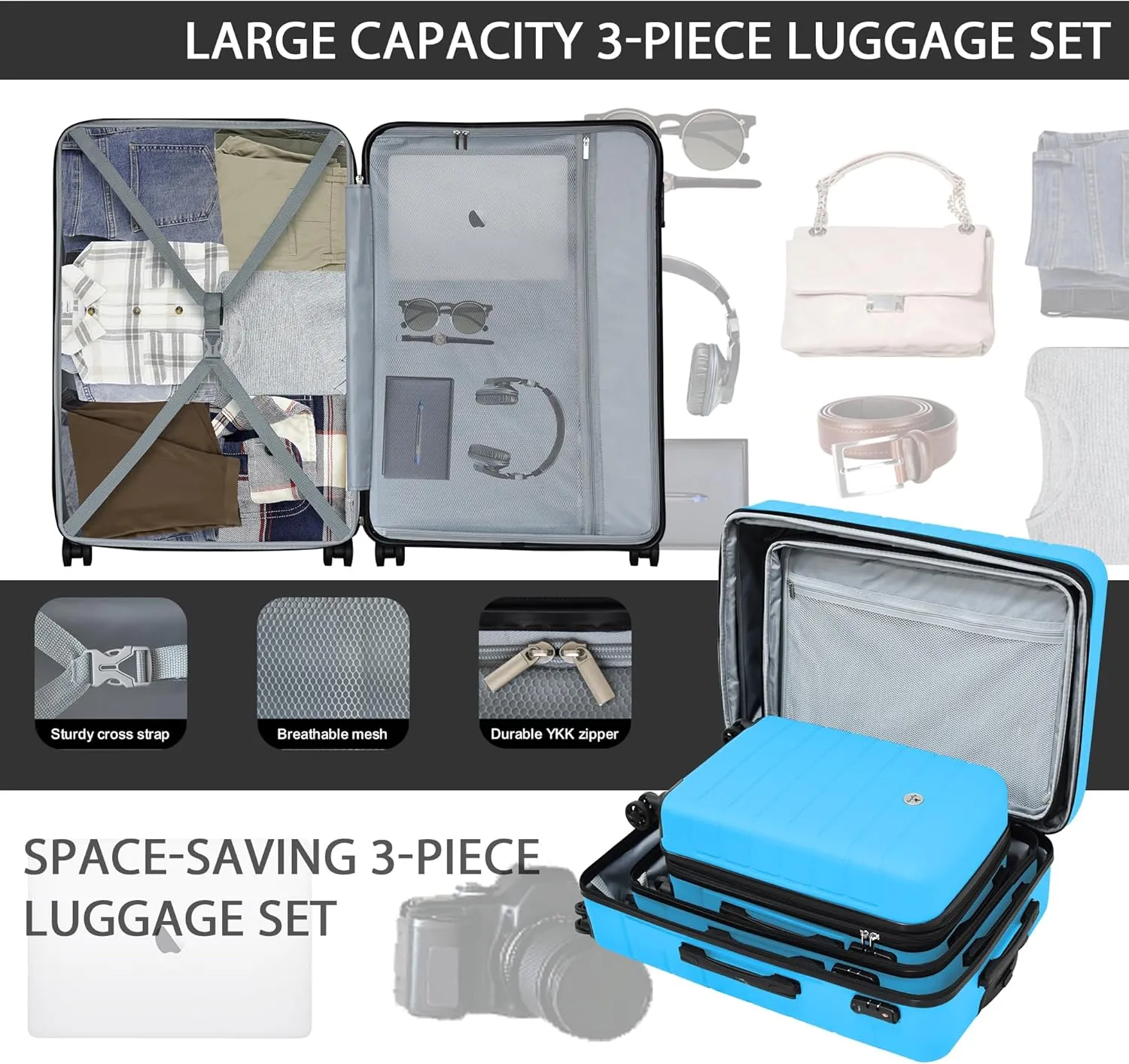 Classic 3-Piece Luggage Set with TSA Lock, PC ABS Durable Lightweight Suitcase with Spinner Wheels, Hardshell Expandable Carry-On Luggage for Business Family Travel, 20/24/28 inch, Blue