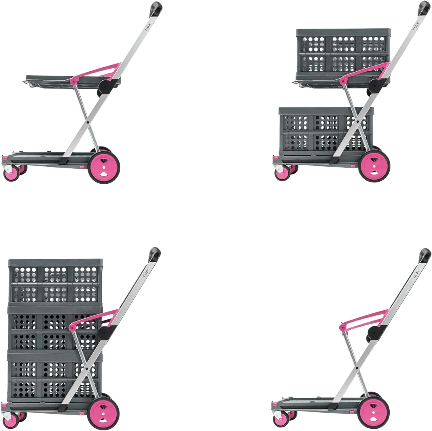CLAX® The Original | Made in Germany | Multi use Functional Collapsible Carts | Mobile Folding Trolley | Shopping Cart with Storage Crate (Pink)