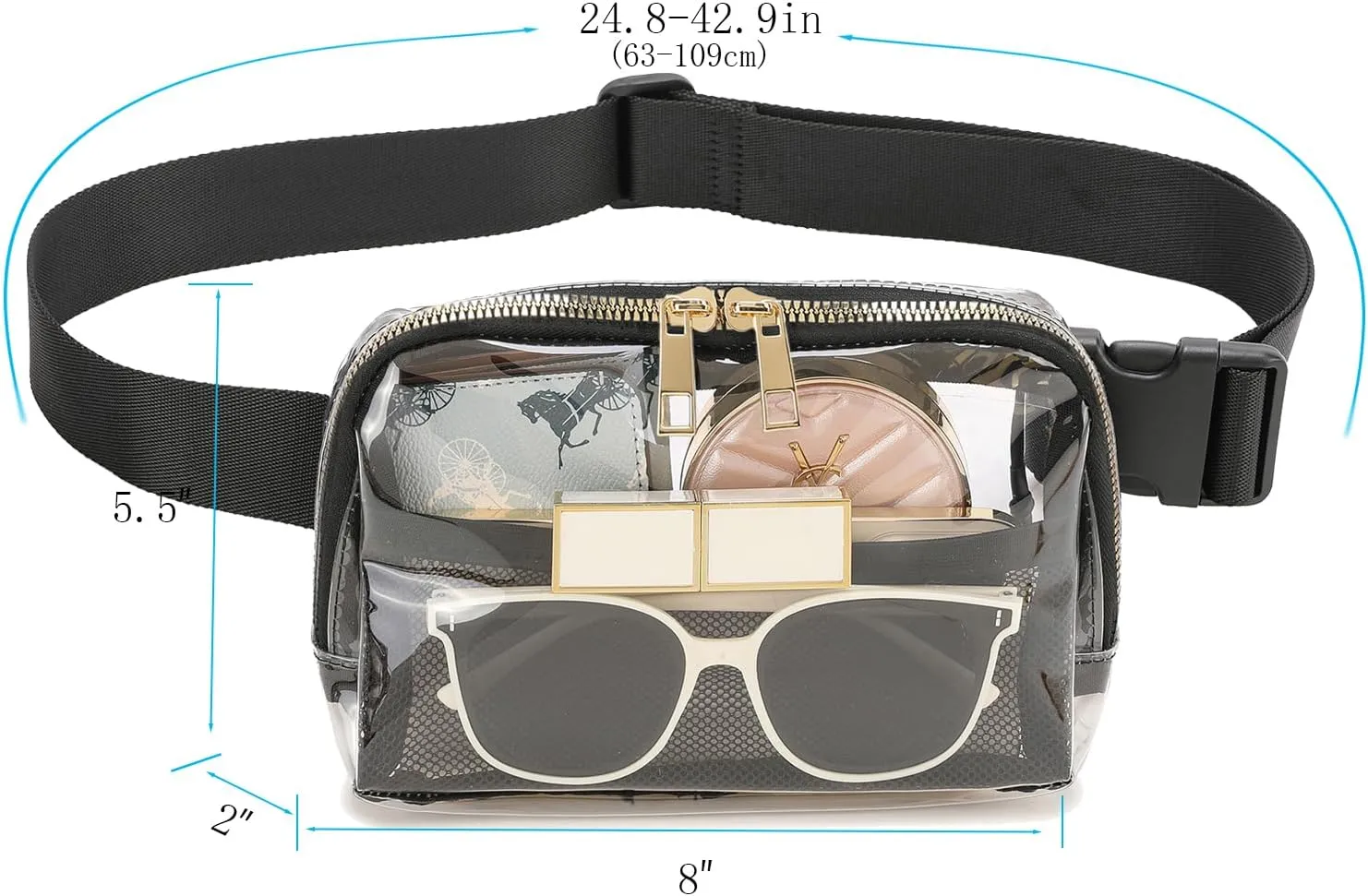 Clear Belt Bag Fanny Pack Stadium Approved for Women Men with Adjustable Strap,Crossbody Clear Waist Bag Pouch for Concerts Hiking Running Blak