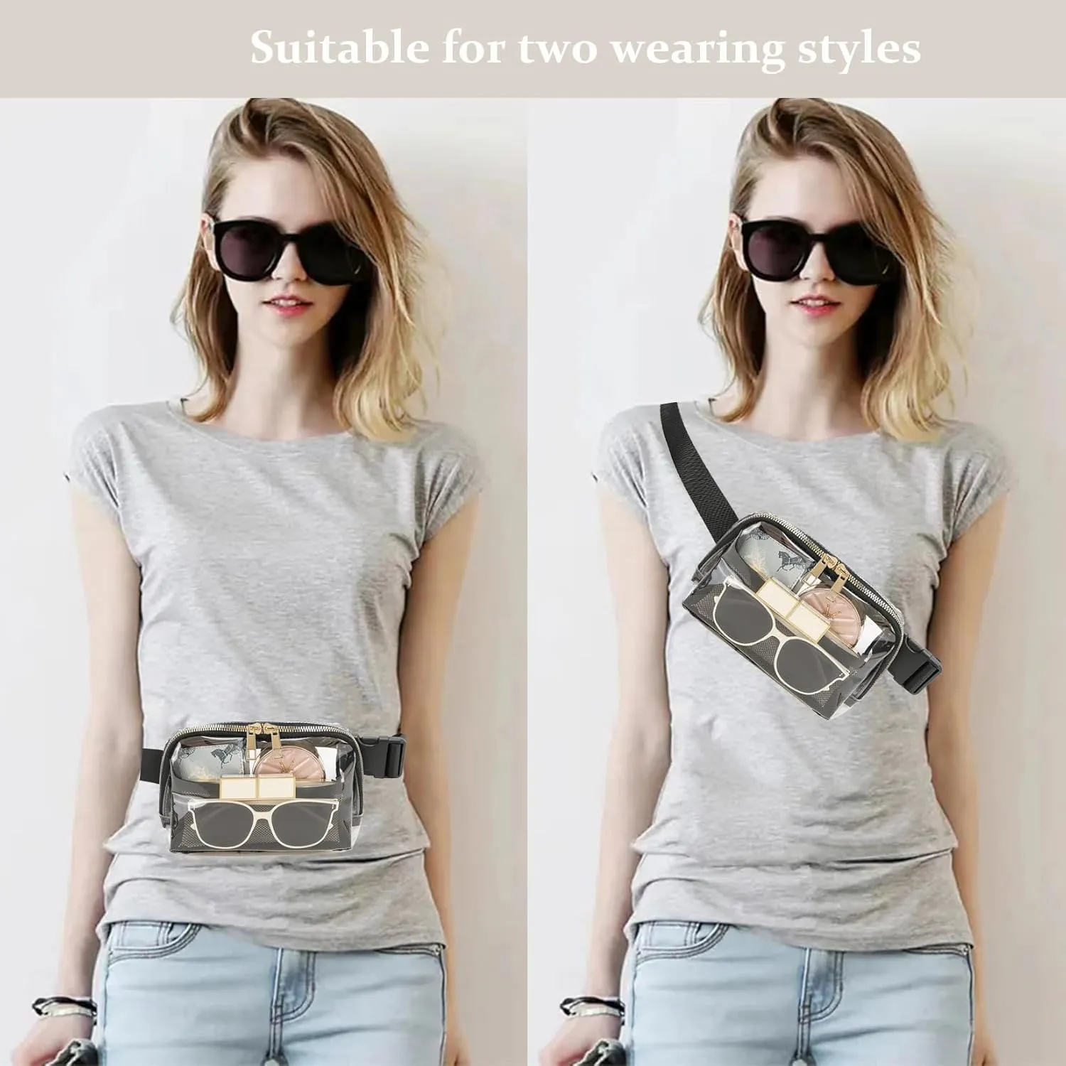 Clear Belt Bag Fanny Pack Stadium Approved for Women Men with Adjustable Strap,Crossbody Clear Waist Bag Pouch for Concerts Hiking Running Blak
