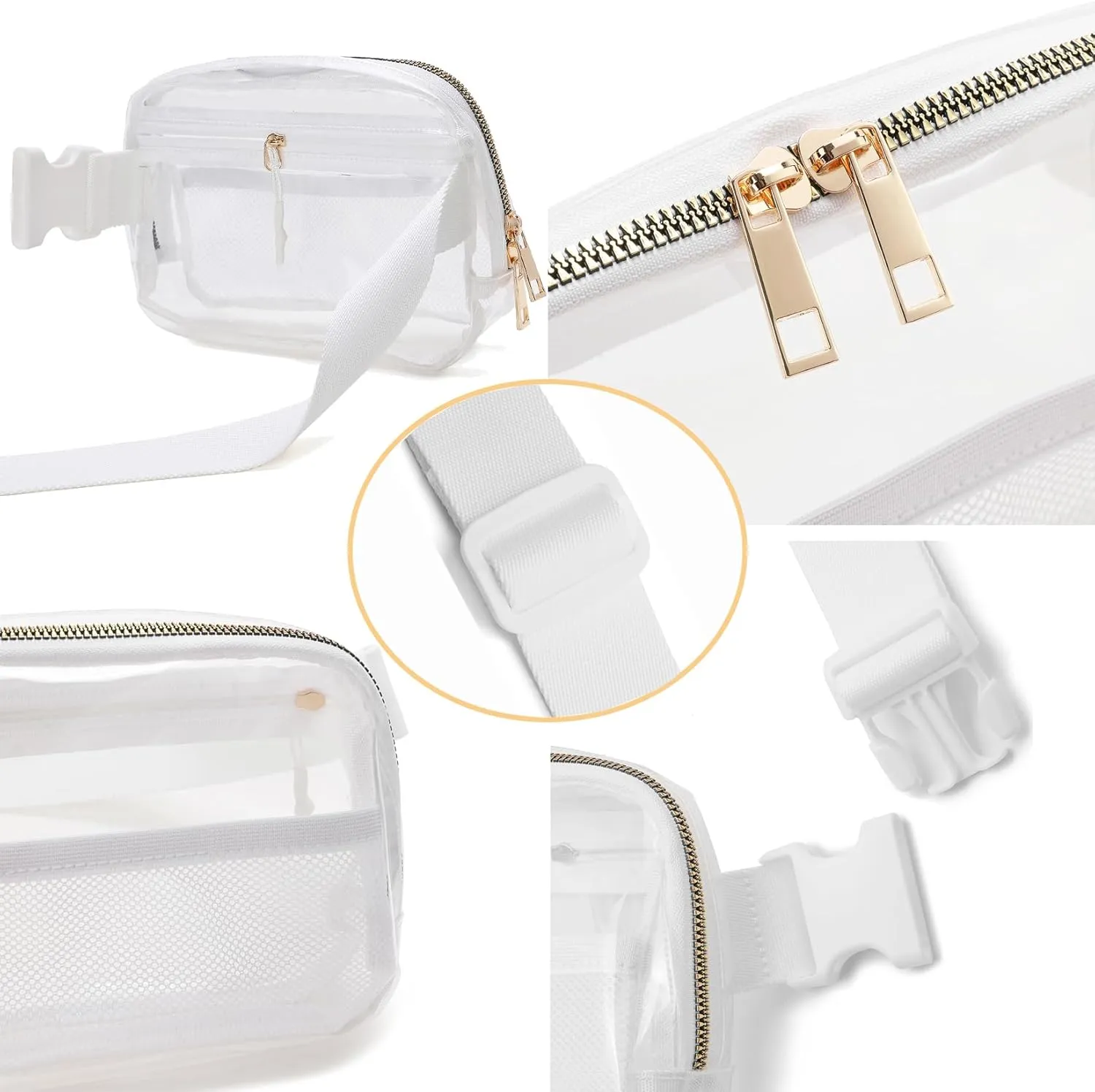 Clear Belt Bag Fanny Pack Stadium Approved for Women Men with Adjustable Strap,Crossbody Clear Waist Bag Pouch for Concerts Hiking Running White