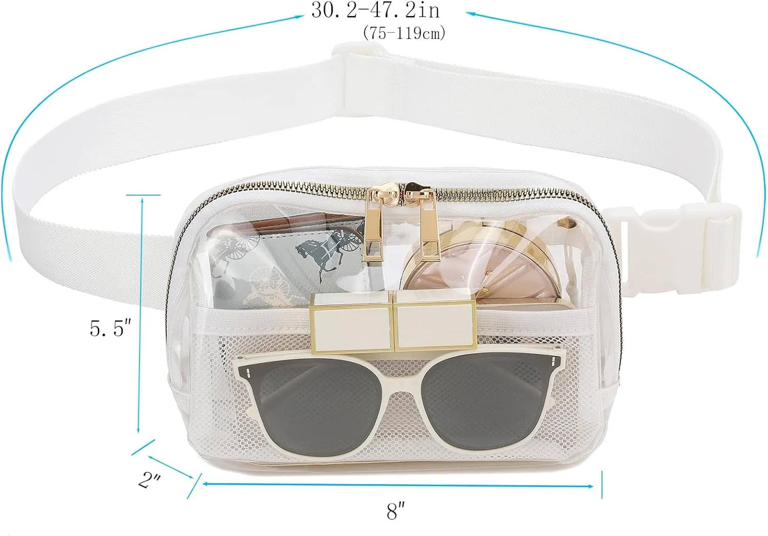 Clear Belt Bag Fanny Pack Stadium Approved for Women Men with Adjustable Strap,Crossbody Clear Waist Bag Pouch for Concerts Hiking Running White