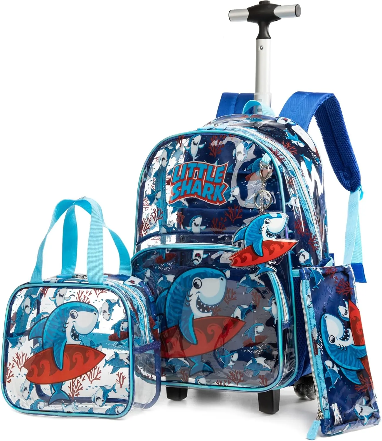 Clear Rolling Backpack Kids Wheeled School Bookbag for Boys and Girls (Shark)