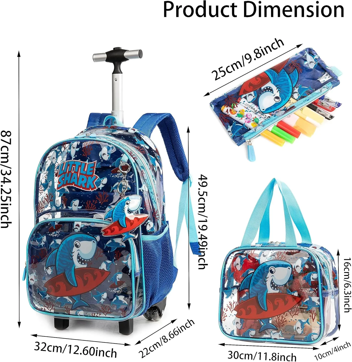 Clear Rolling Backpack Kids Wheeled School Bookbag for Boys and Girls (Shark)