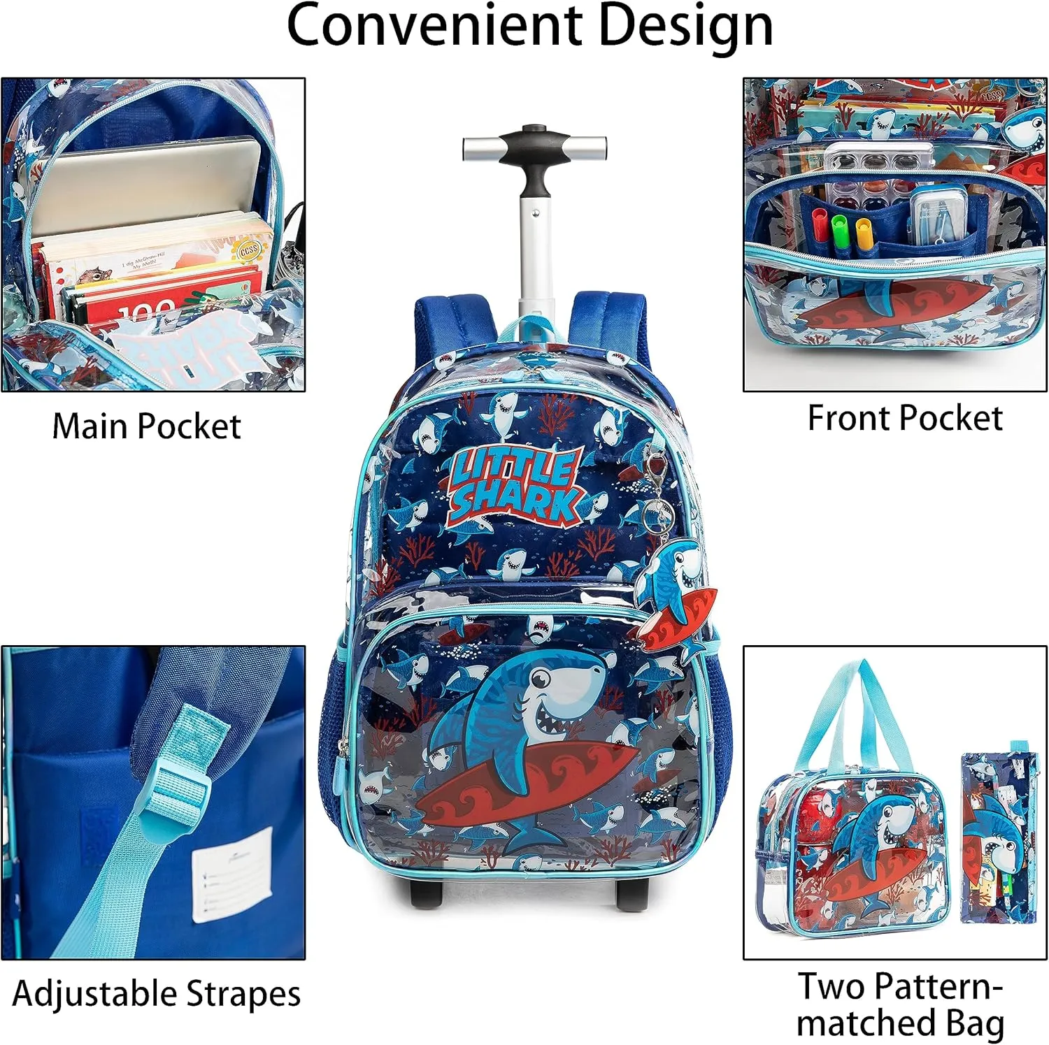 Clear Rolling Backpack Kids Wheeled School Bookbag for Boys and Girls (Shark)