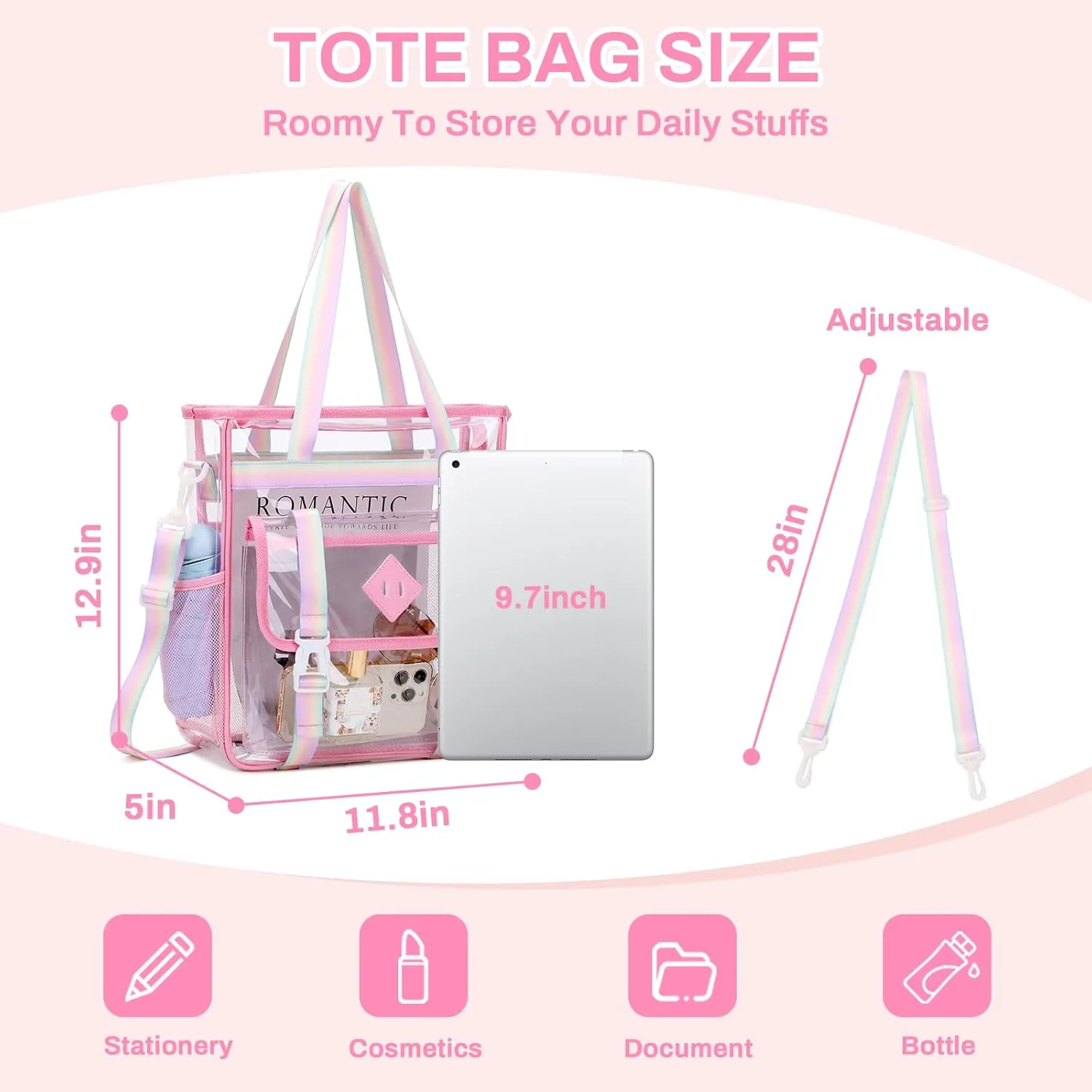 Clear Tote Bag Stadium Approved 12x6x12, Thickened Heavy Duty PVC Transparent Tote Bag Water Resistant