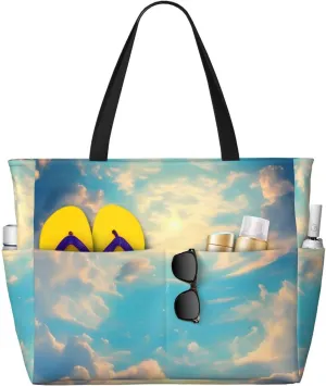 Cloudy Sky Print 28L Beach Tote Bag, Water-resistant Travel Tote, Lightweight Gym & Camping Carryall