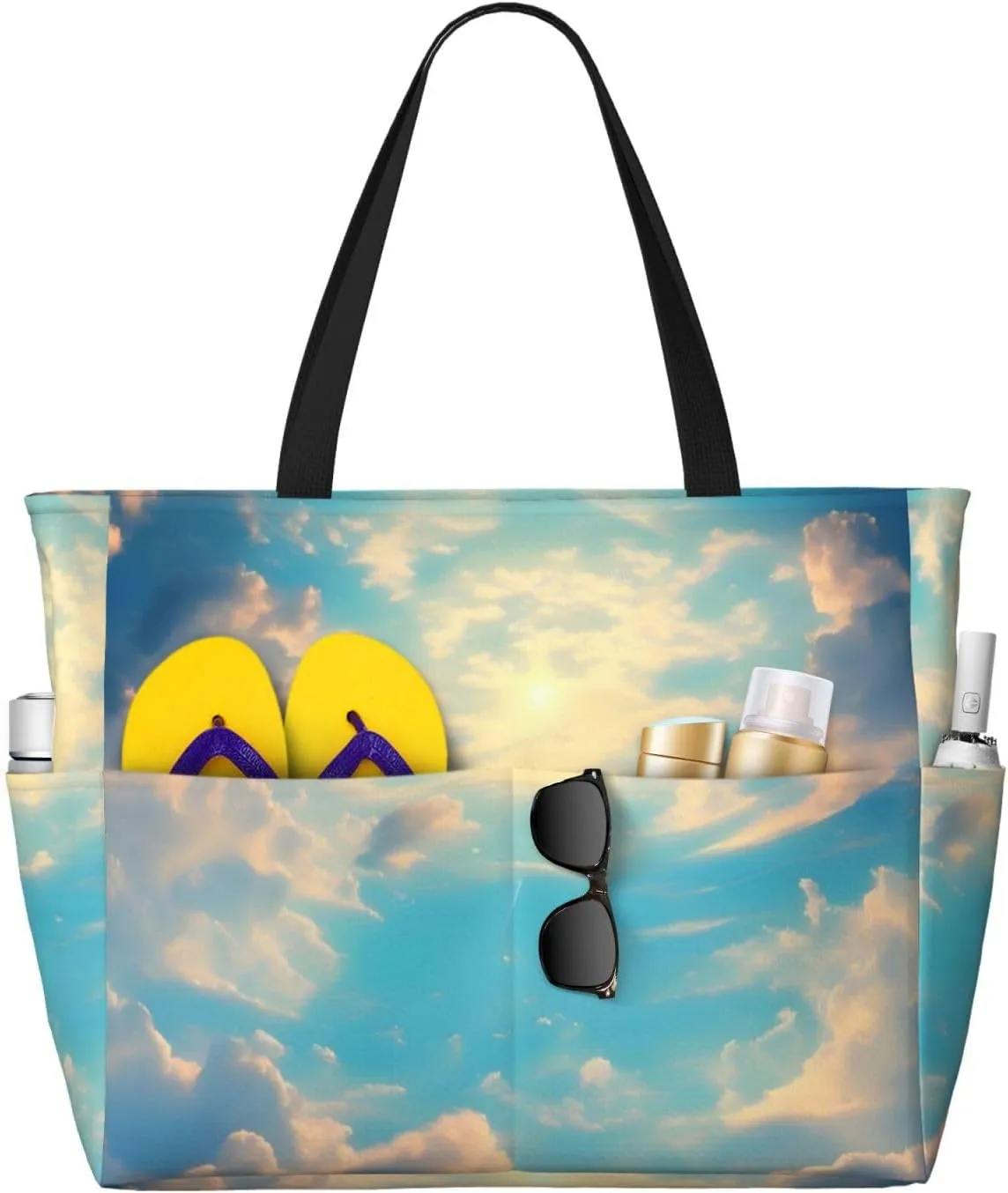 Cloudy Sky Print 28L Beach Tote Bag, Water-resistant Travel Tote, Lightweight Gym & Camping Carryall