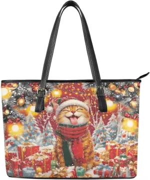 Coldinair Christmas Leather Tote Bag for Women with Zipper Large Shoulder Tote Bag Shopping Casual Travel Bag Handbag Purse