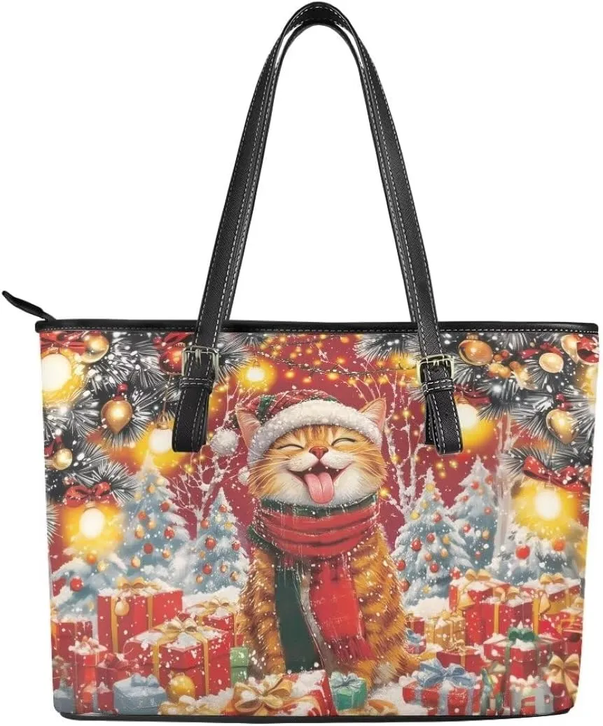 Coldinair Christmas Leather Tote Bag for Women with Zipper Large Shoulder Tote Bag Shopping Casual Travel Bag Handbag Purse