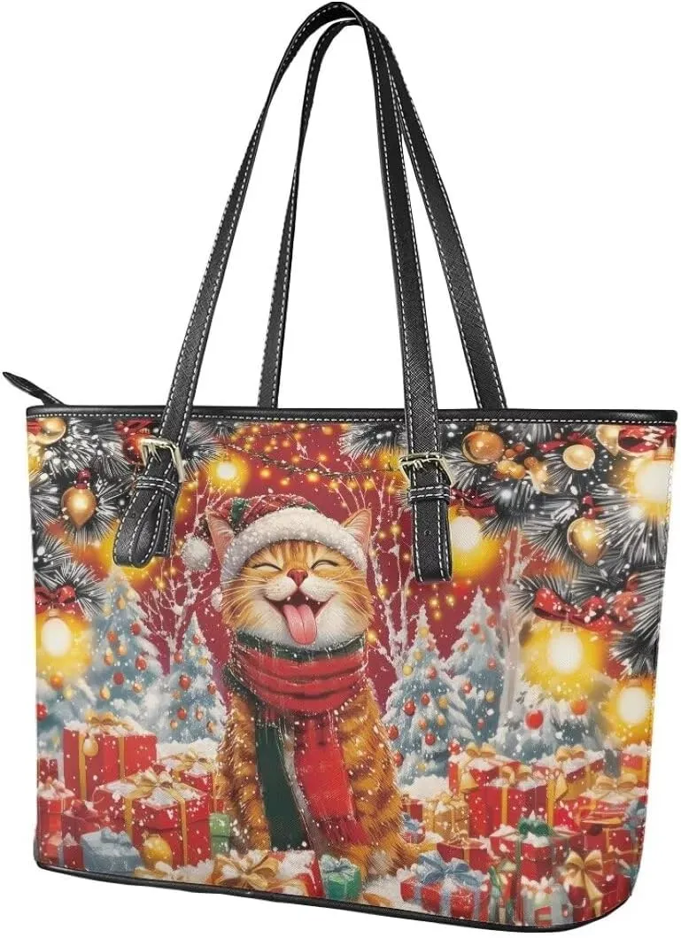 Coldinair Christmas Leather Tote Bag for Women with Zipper Large Shoulder Tote Bag Shopping Casual Travel Bag Handbag Purse